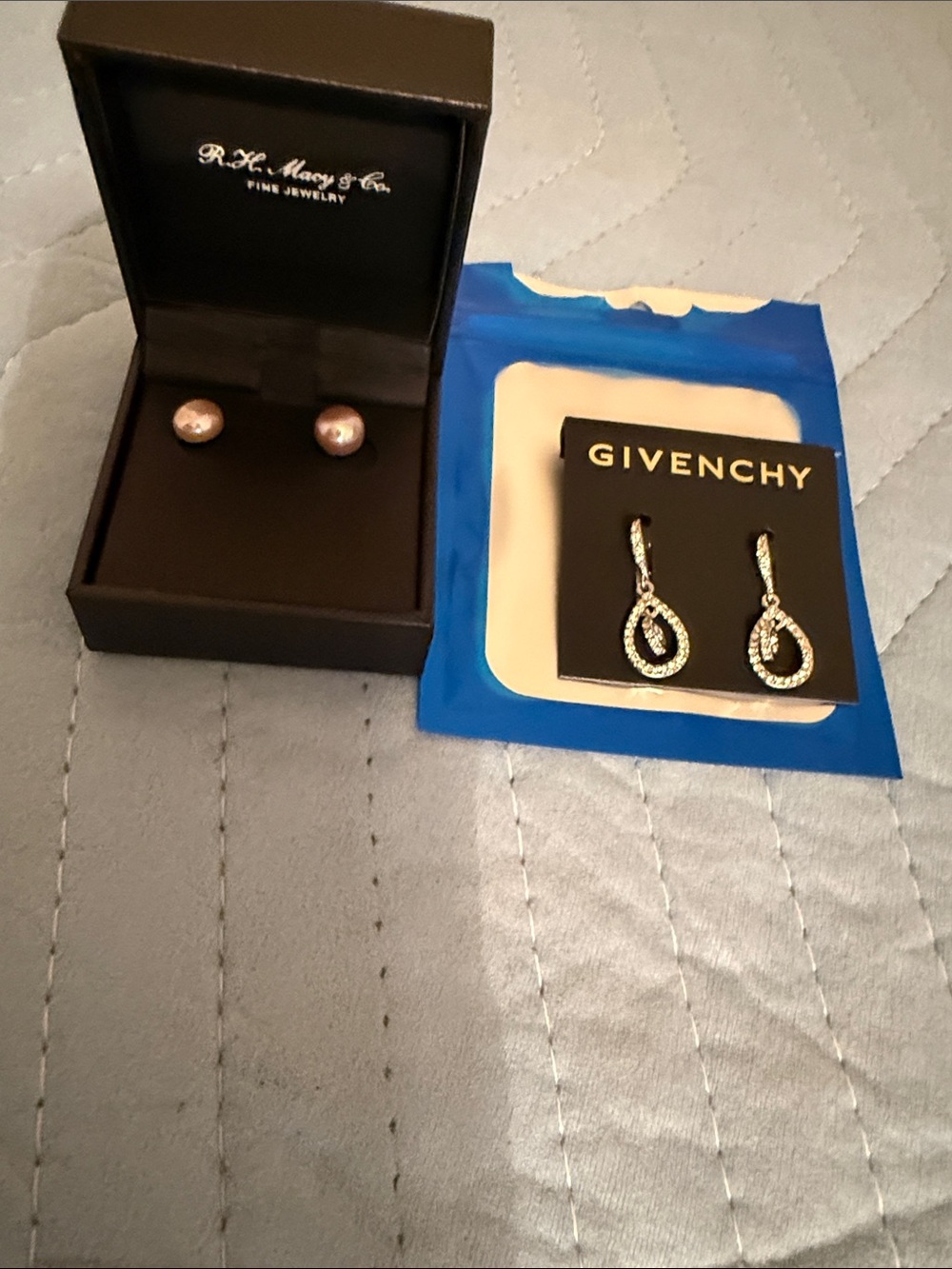Givenchy SiverCrystal Loop Drop Earrings and RH Macy & Co fresh pearl earrings.